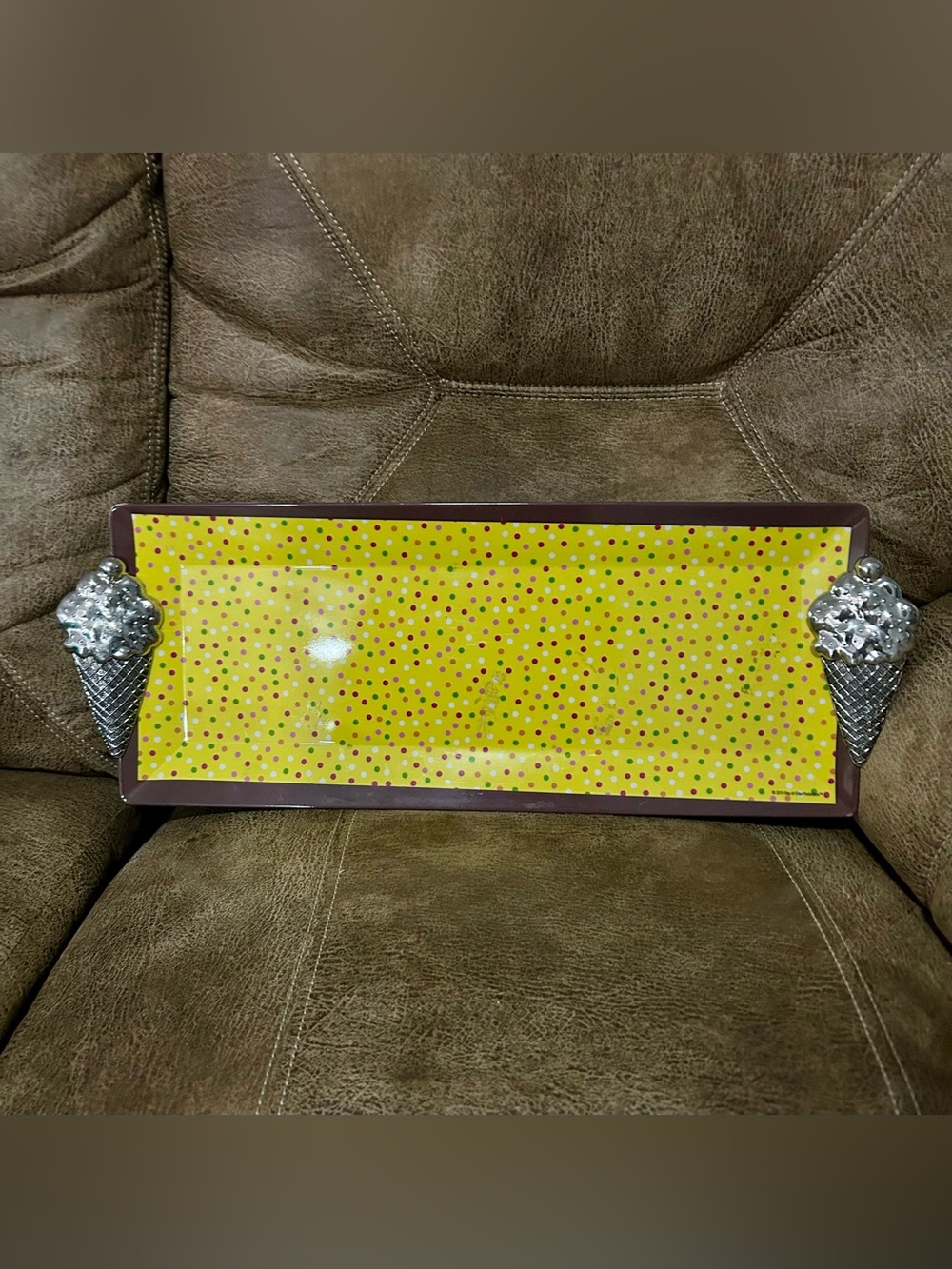 Decorative Yellow Polka Dot Serving Tray with Silver Ice Cream Handles